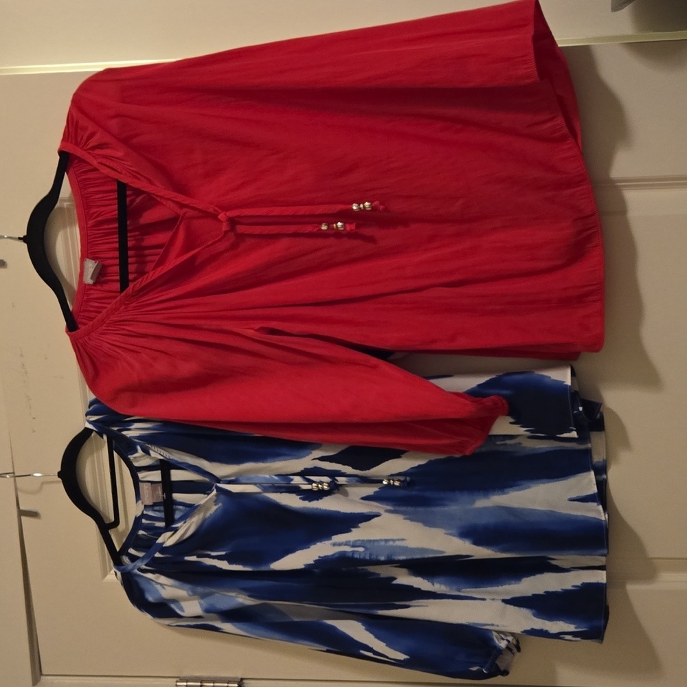 Pair Of Chicos Blouses Size 1 Equals 8/10 One Is Rasberry, The Other Blue/white
